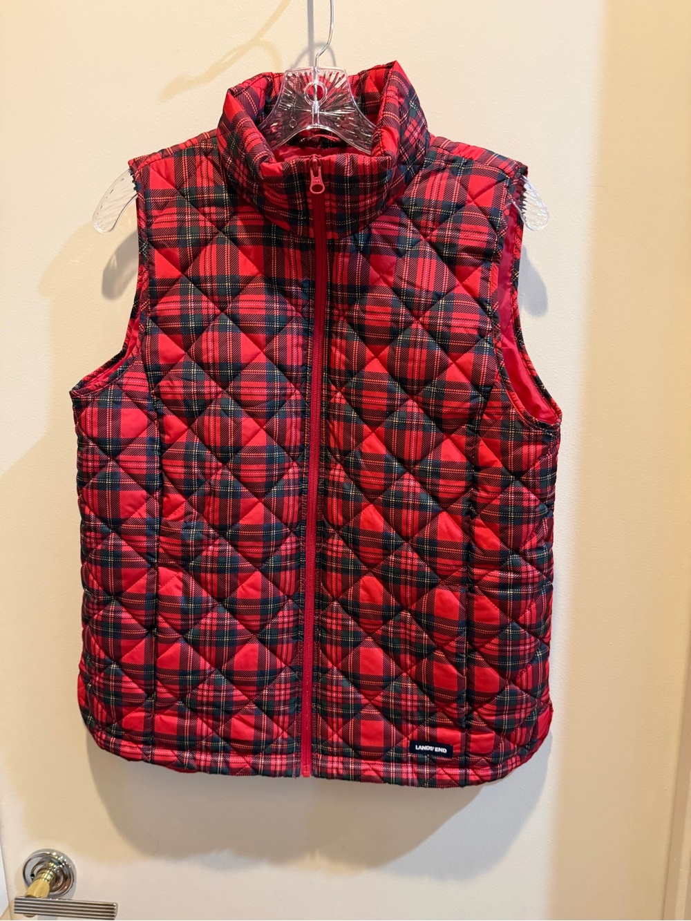 Lands' End Women Red Plaid Quilted Vest